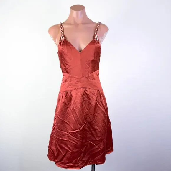 Vintage Y2K Silk Babydoll Braided Strap Sleeveless Fairy Midi Dress Rust Size 4 - Picture 2 of 11